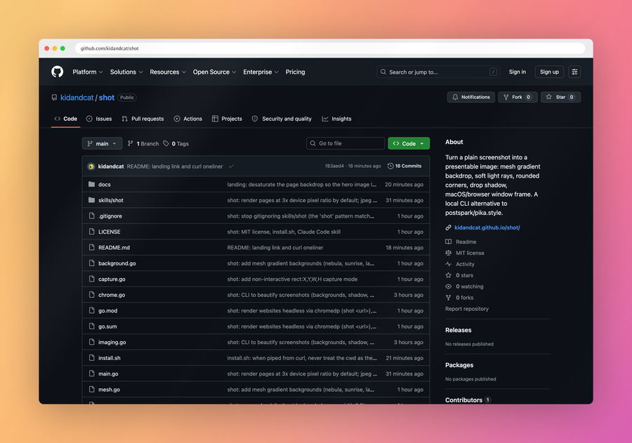 The same GitHub page after shot: mesh gradient backdrop, browser frame, rounded corners, drop shadow, light rays.
